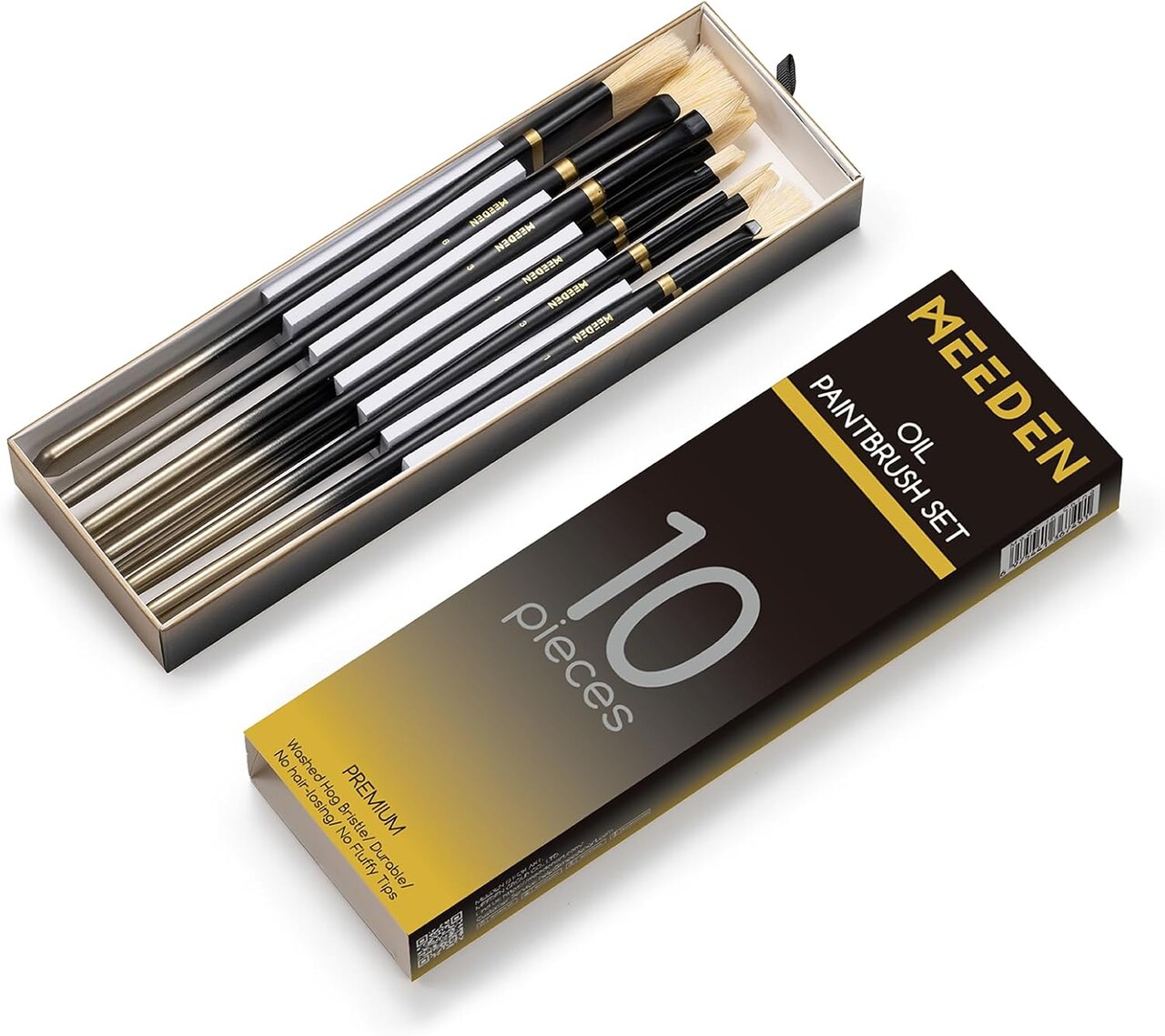 Oil Paint Brush Set: 10 Pcs Hog Bristle Paint Brushes with Wood Long Handle - Artist Paint Brush Set for Adults Beginners